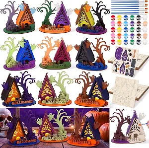 Gerrii 12 Sets Halloween Wooden Craft Kit – Paint Your Own 3D Haunted House