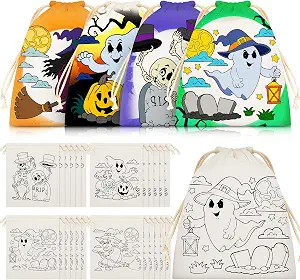 Amylove 24 Pcs Halloween Coloring Canvas Drawstring Trick-or-Treat Bags