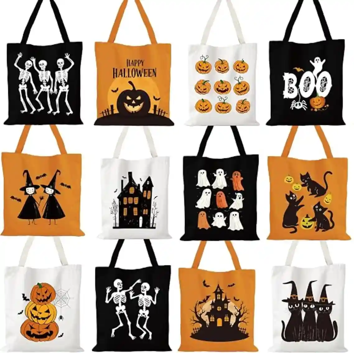 12Pcs 15.75in Halloween Canvas Tote Bag Set – Reusable Trick-or-Treat Candy Bags