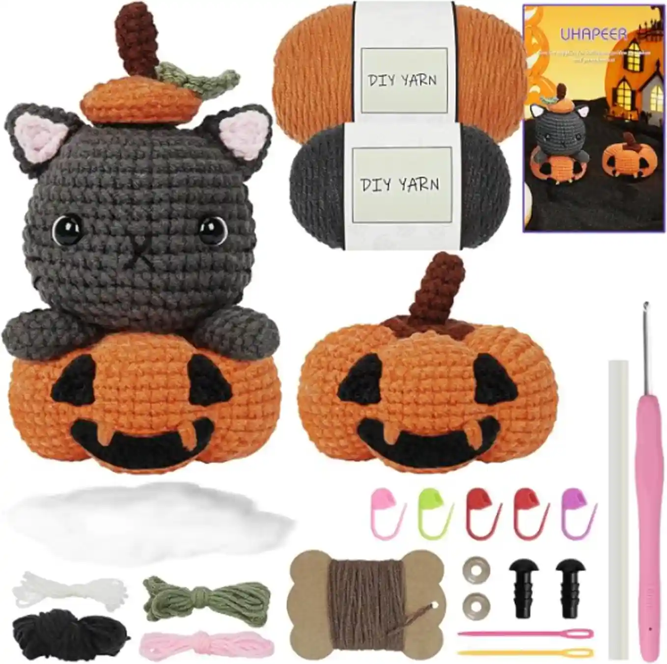 UHAPEER Halloween Crochet Kit for Beginners Adults – Halloween Cat & Pumpkin