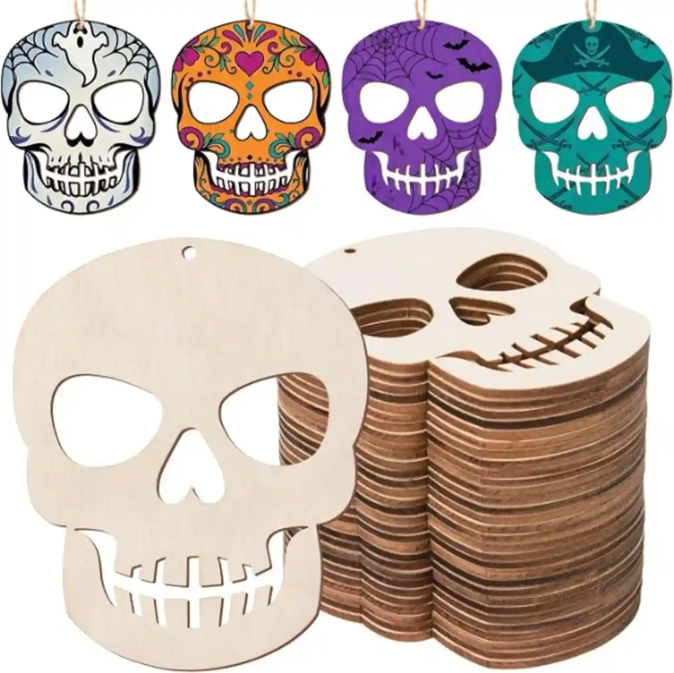 AWIZOM 48 Pcs Halloween Skull Wooden Cutouts Unfinished Hanging Ornaments