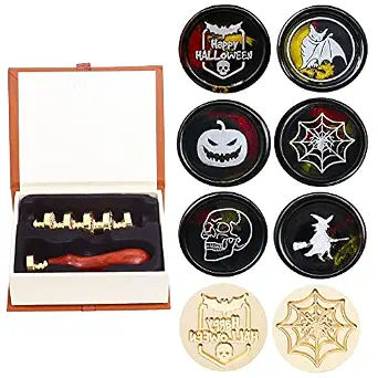 WANGSA Halloween Wax Seal Stamp Kit (6 Brass Stamp Heads & 1 Wooden Handle)