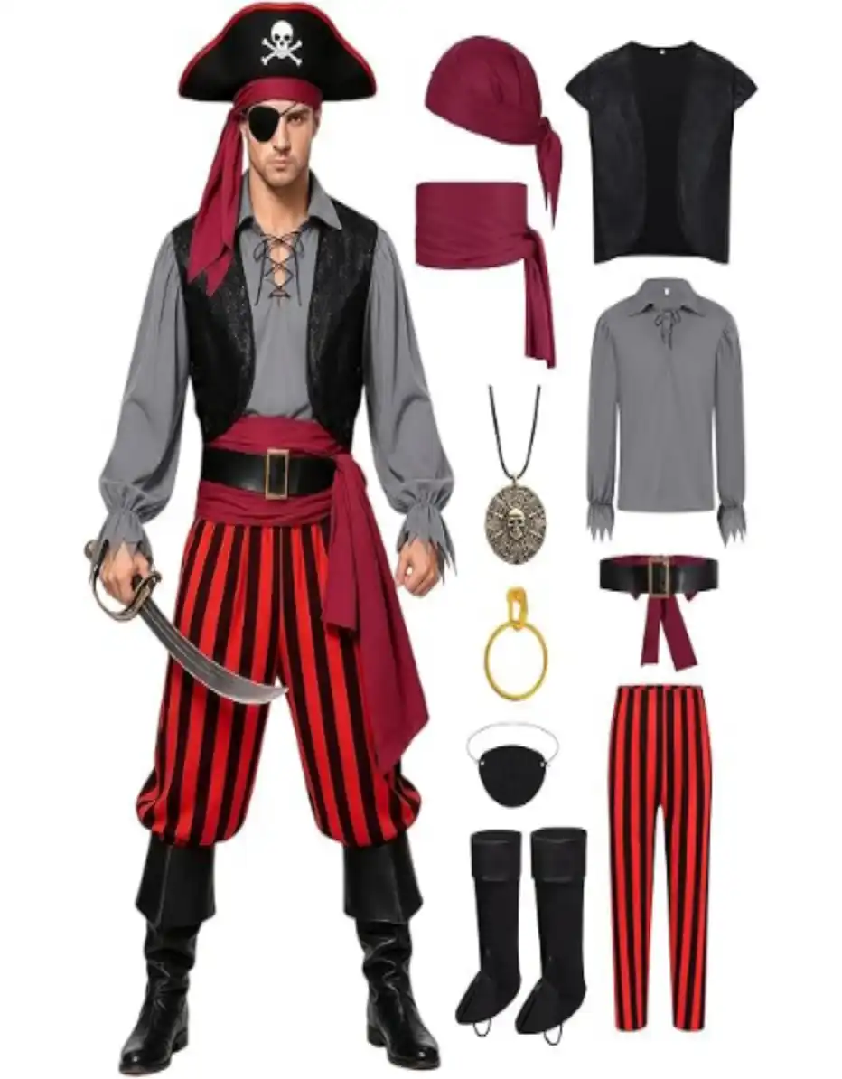9pcs Adult Halloween Pirate Costume for Men with Soft Breathable Shirt Vest and Accessories