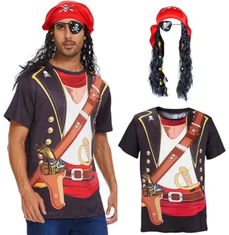 Pirate Costume Men 3D Print T-Shirt with Wig and Eye Patch Set