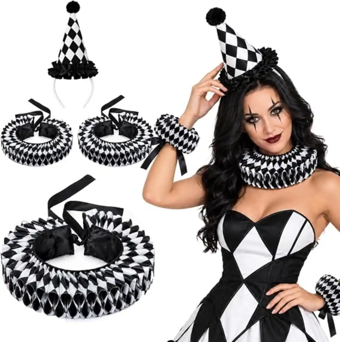 4 Pcs Clown Collar Cuff Hat Set Halloween Accessories for Adults