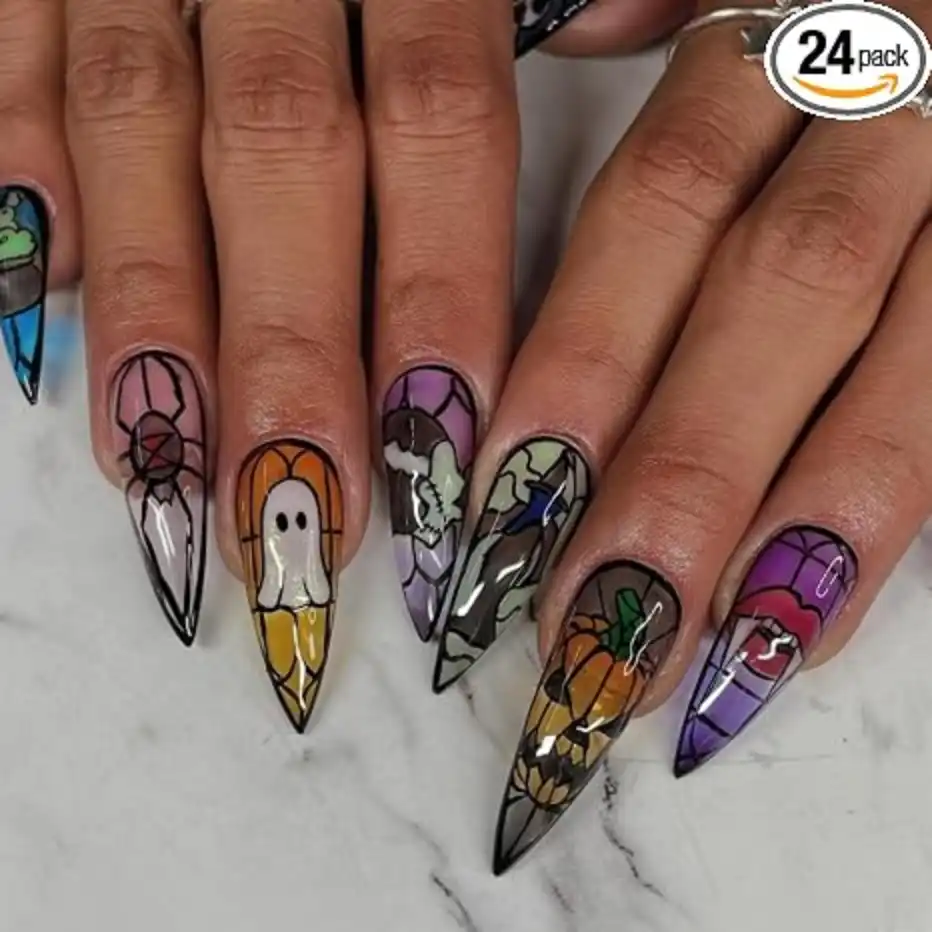 NBNTGH Halloween Press On Nails Stained Glass Ghost Pumpkin Fake Nails