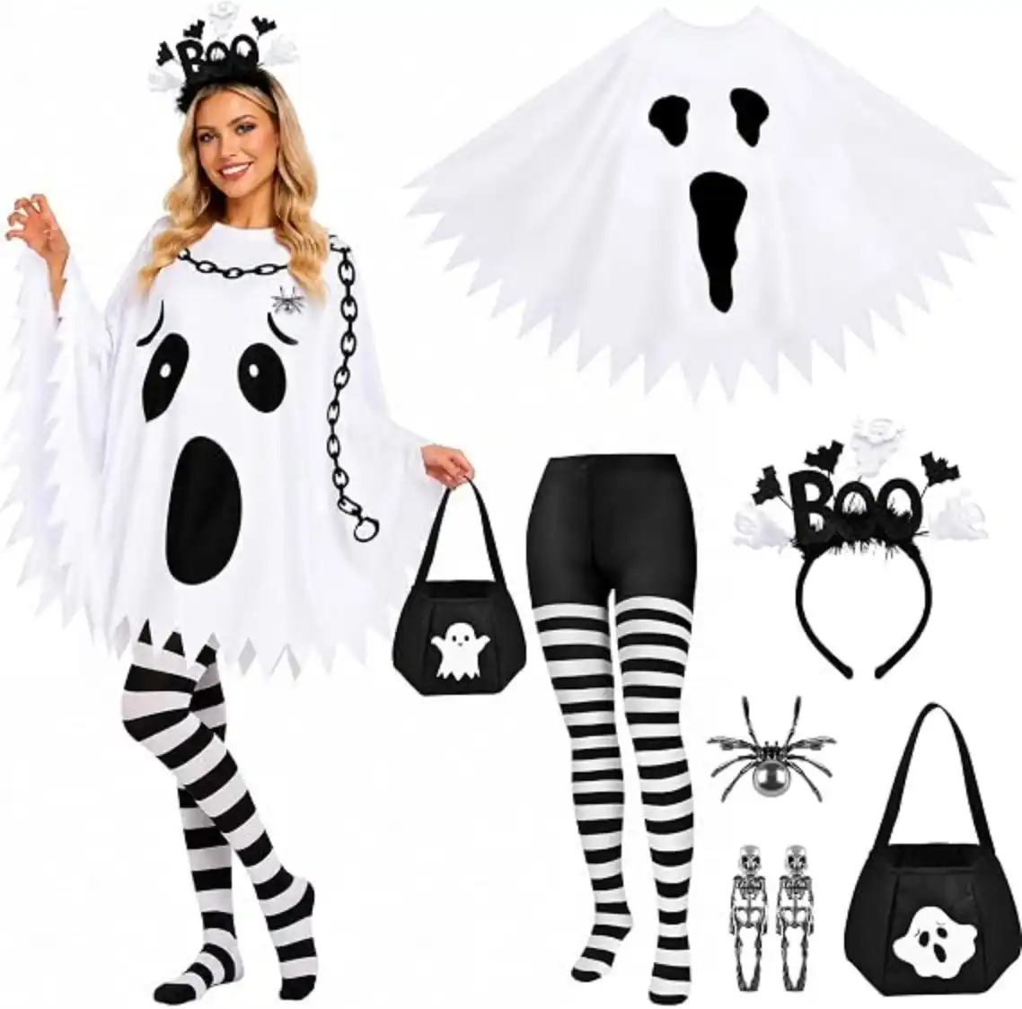 NatuBeau 6 PCS Halloween Costume Set for Women Adult Ghost Poncho Outfit