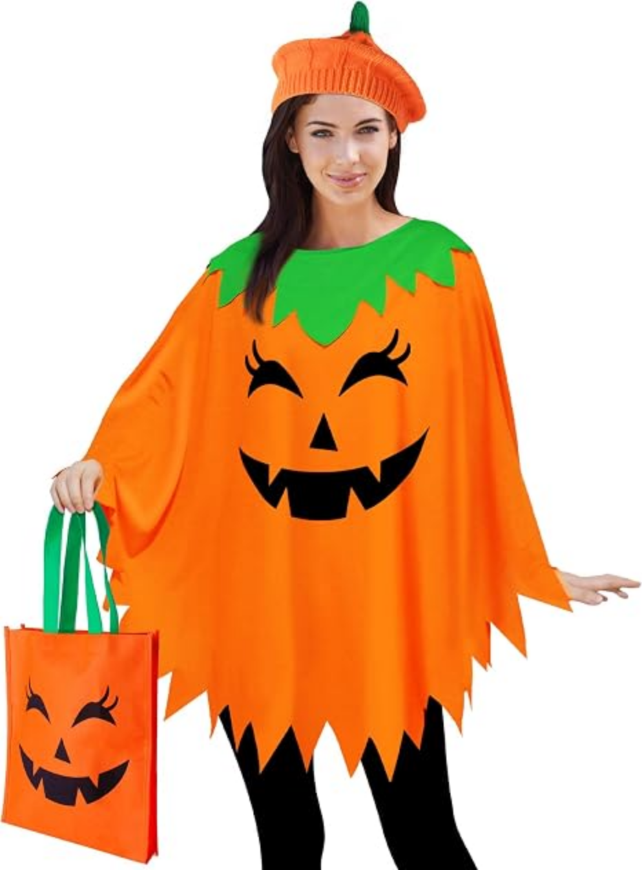 CONGRU Pumpkin Costume for Women Adult Pumpkin Poncho Set with Beret and Bag