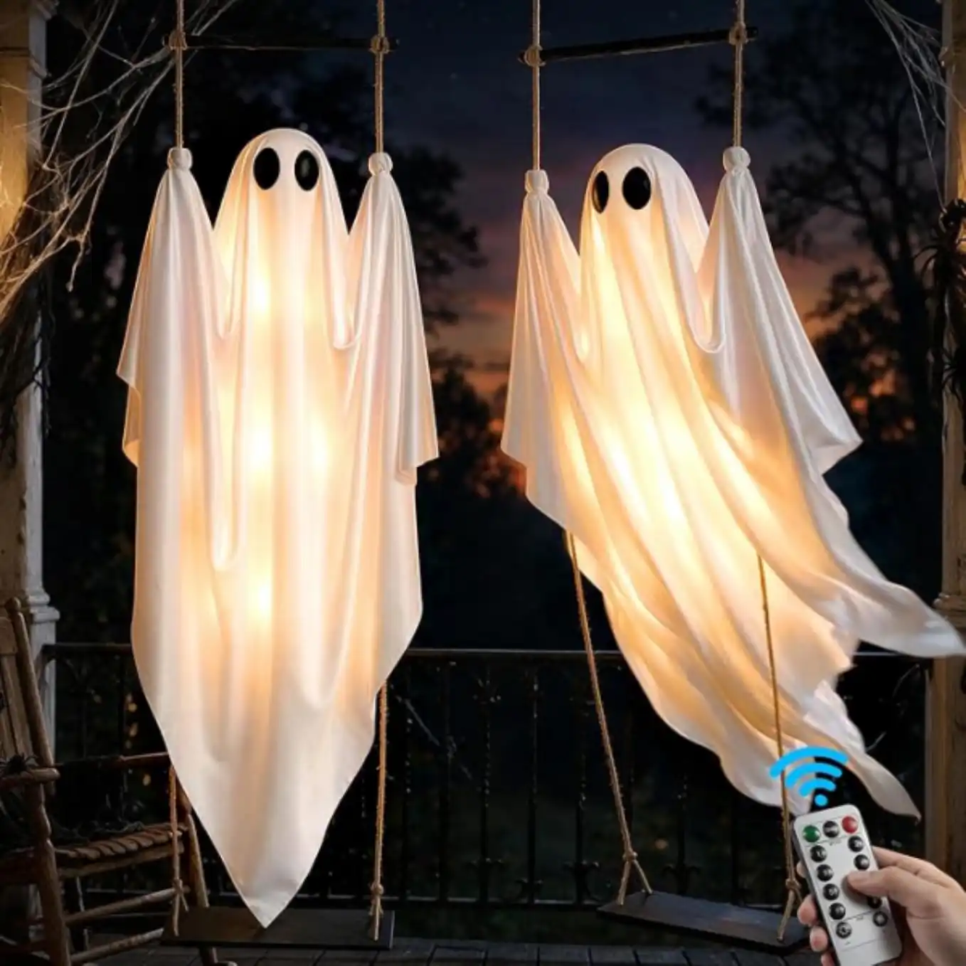 DUSFAN 2 Pack 5 FT Pre-Assembled Hanging Swinging Ghost Halloween Decorations Outdoor Set
