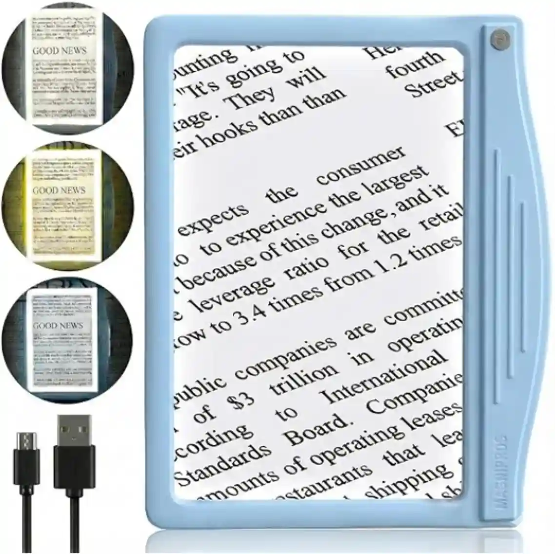 MagniPros 5X Rechargeable LED Page Magnifier with 3 Color Light Modes Blue