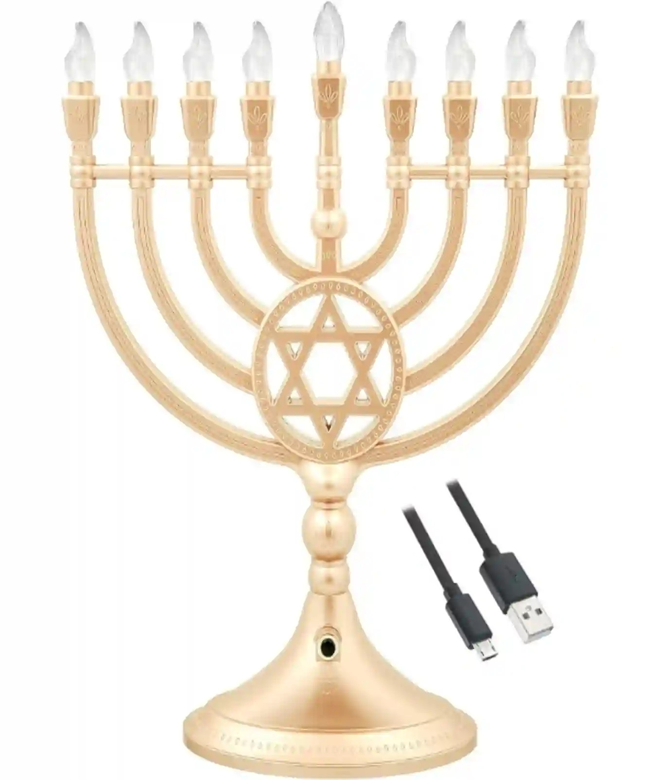 The Dreidel Company Traditional LED Electric Gold Hanukkah Menorah 13-Inches Battery or USB Powered