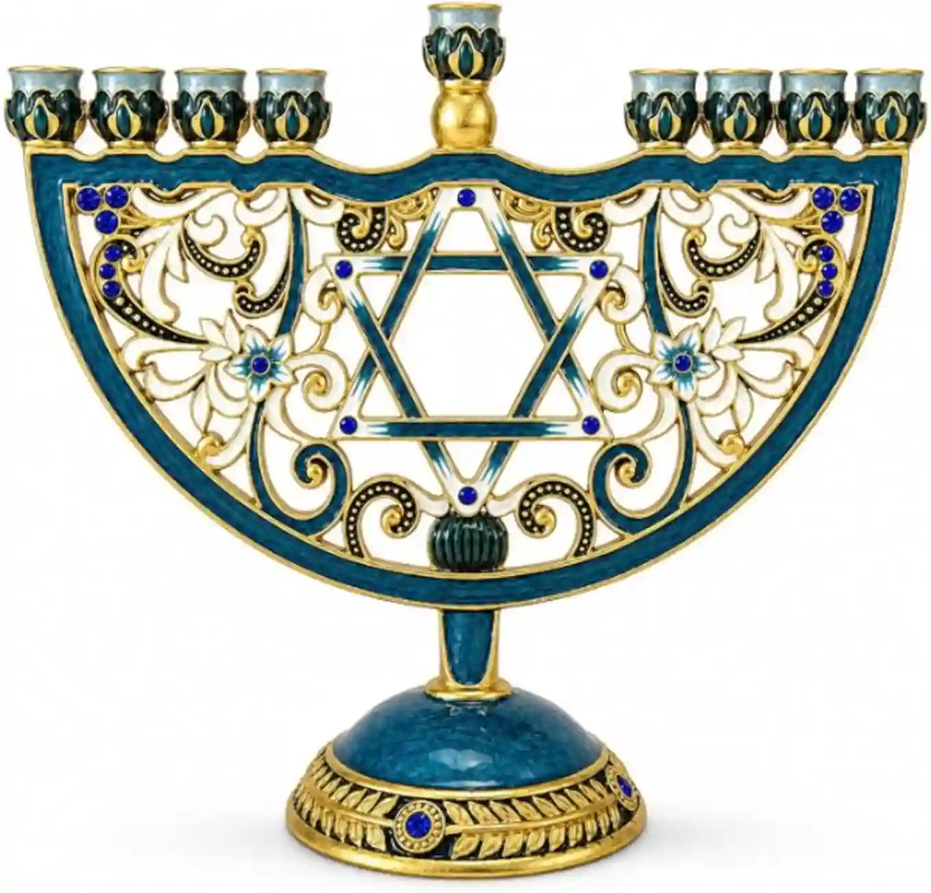 PTINBG Hanukkah Menorah Jewish Candle Holder Star of David Vintage Blue Gold Design 9 Candle Dining Table Decoration