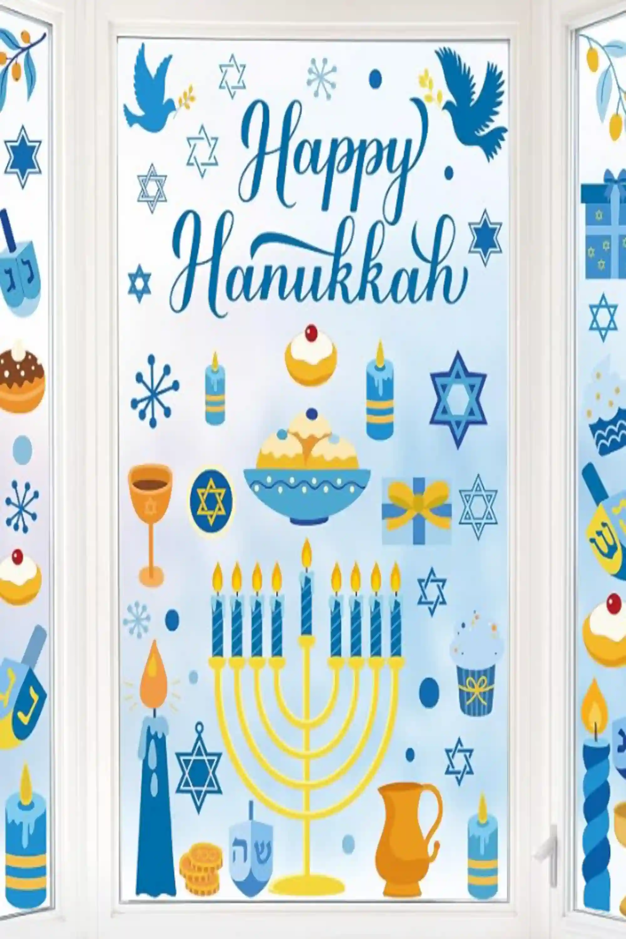 Traplace 133PCS Hanukkah Window Clings Blue Gold Menorah Star Decals Stickers Home Class Accessories