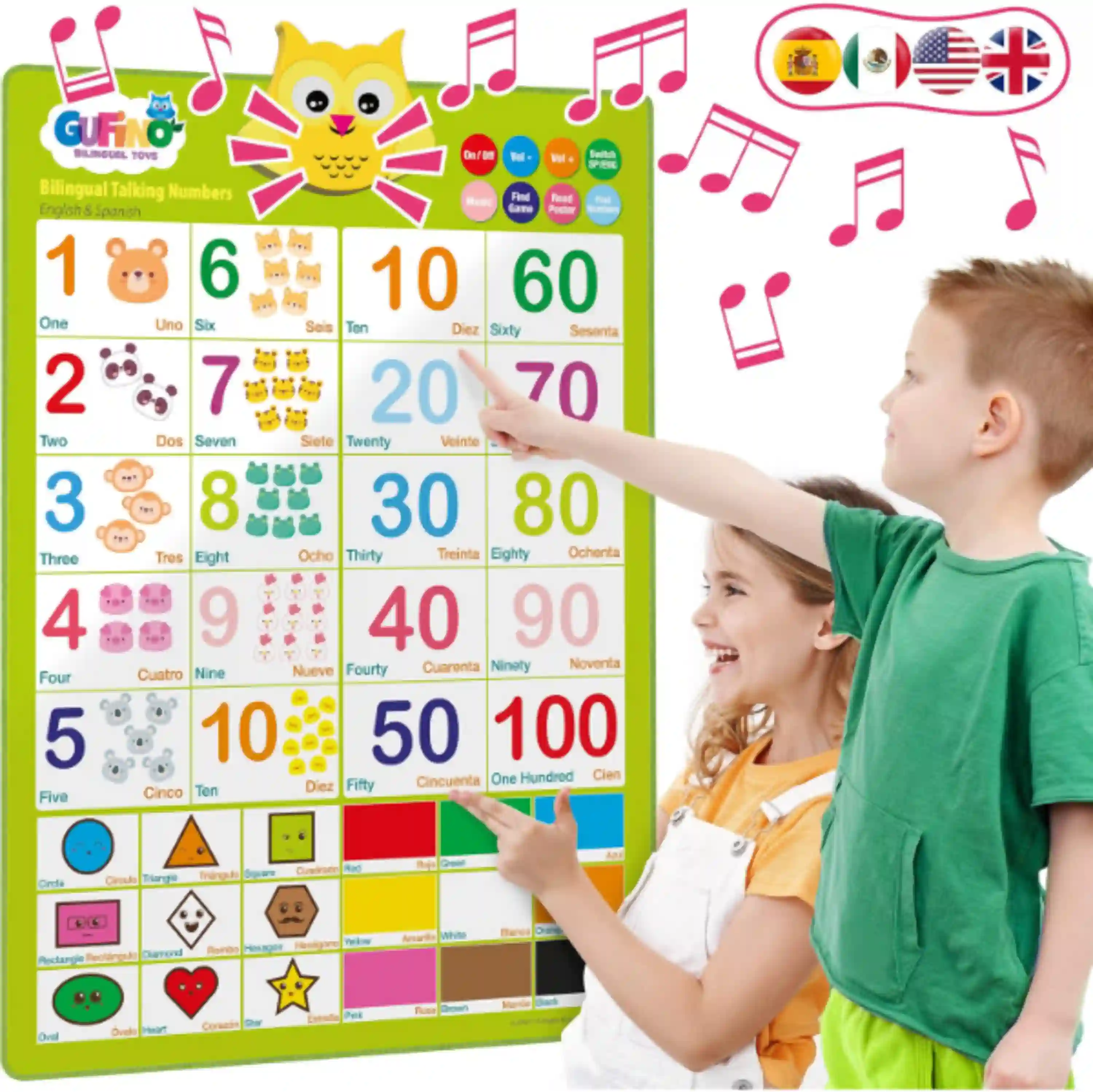 Bilingual Learning Toys Spanish Number Toys for Toddlers 1-3 Interactive Wall Chart