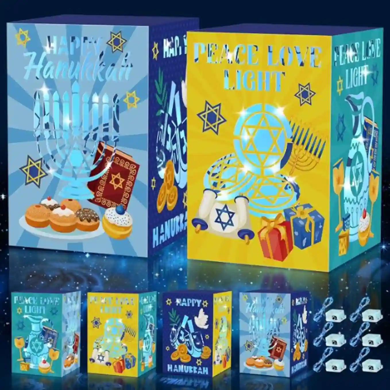 Cinrobiye 16 Set Hanukkah Paper Candle Holder Boxes String LED Lights Centerpieces