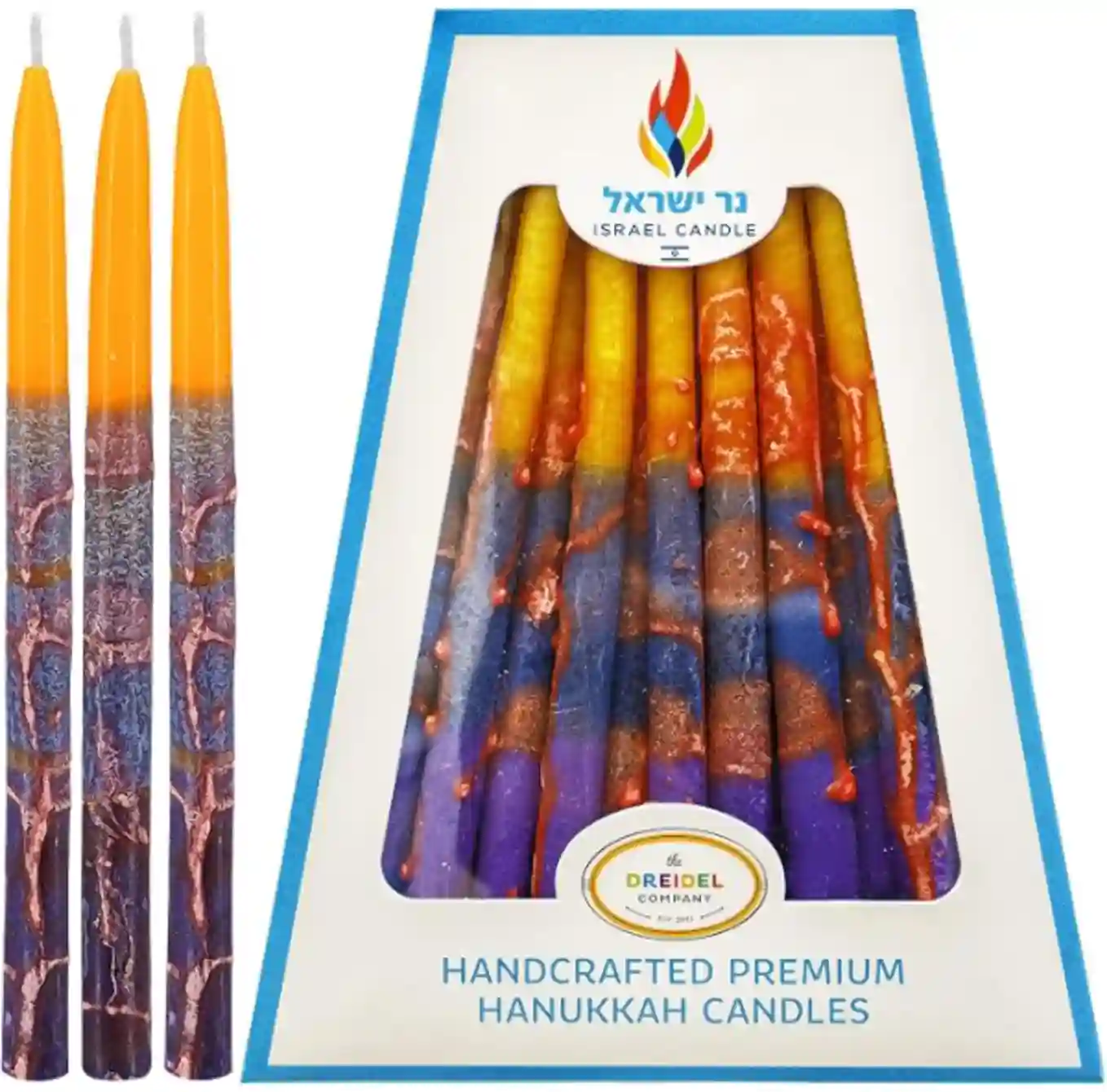 Israel Candle Dripless Hanukkah Candles Decorative Frosted Purple Blue Orange with Orange Stripes 45 Count Box
