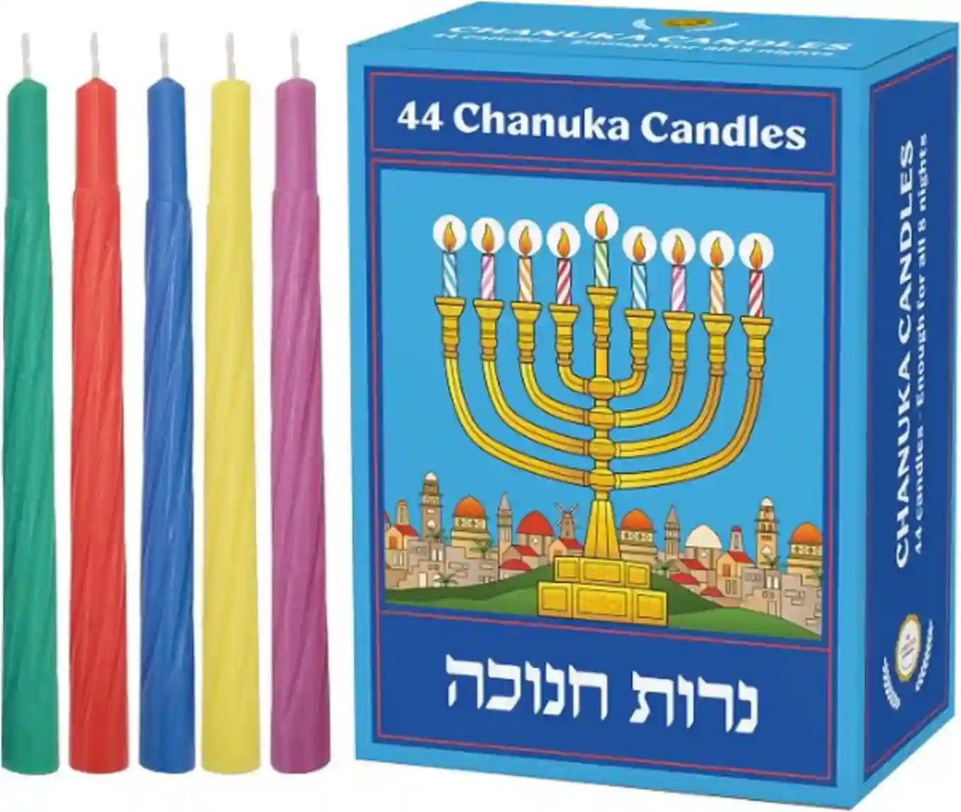 The Dreidel Company Jerusalem Hanukkah Candles Single-Pack 44 Multicolored Menorah Candles for Eight Nights