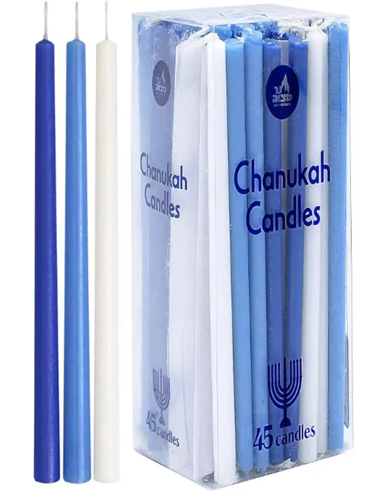 Ner Mitzvah Long Chanukah Candles Blue and White Premium Wax Standard Size 45 Count Box Set