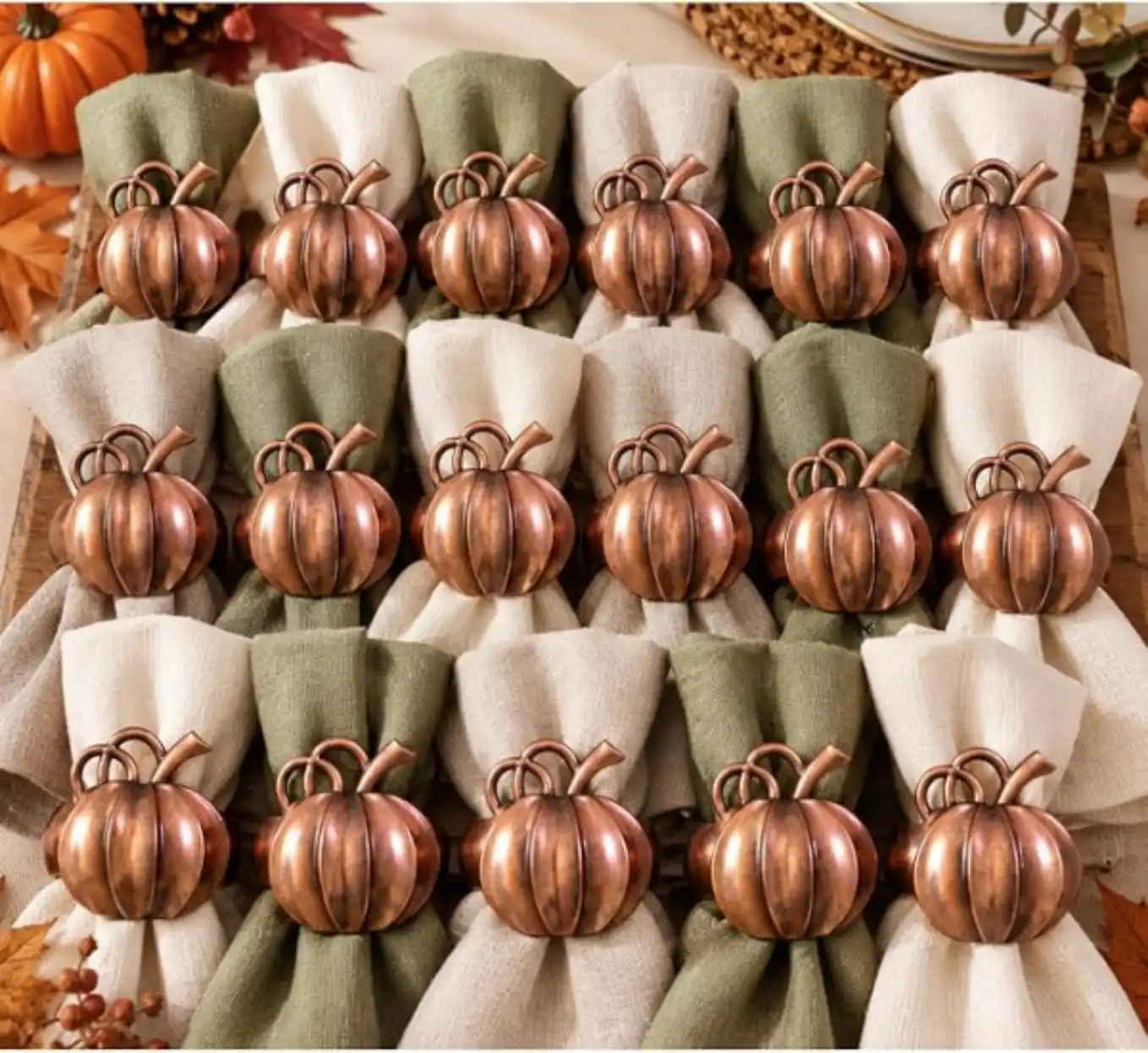 Patelai 12 Pieces Fall Pumpkin Napkin Rings Thanksgiving Bronze Vintage Autumn Dining Table Decor