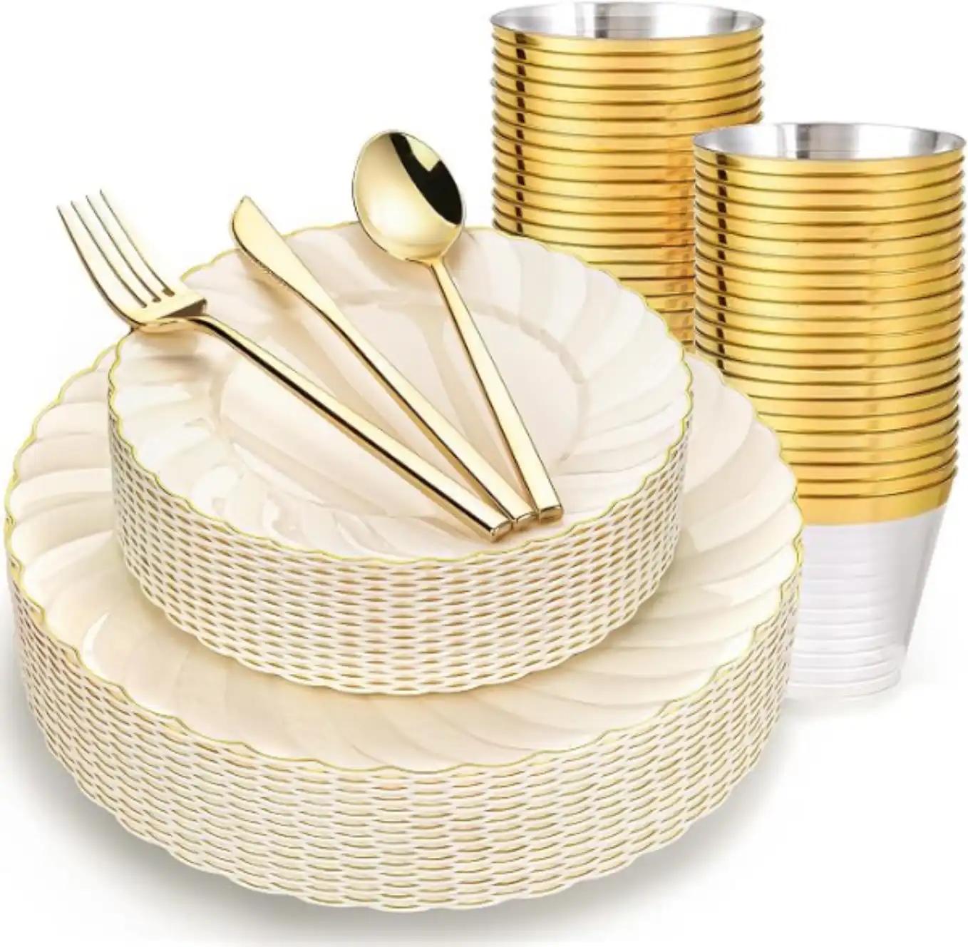 I00000 150PCS Ivory Plastic Plates Set Gold Rim Scalloped Disposable Plates Cups Cutlery Set