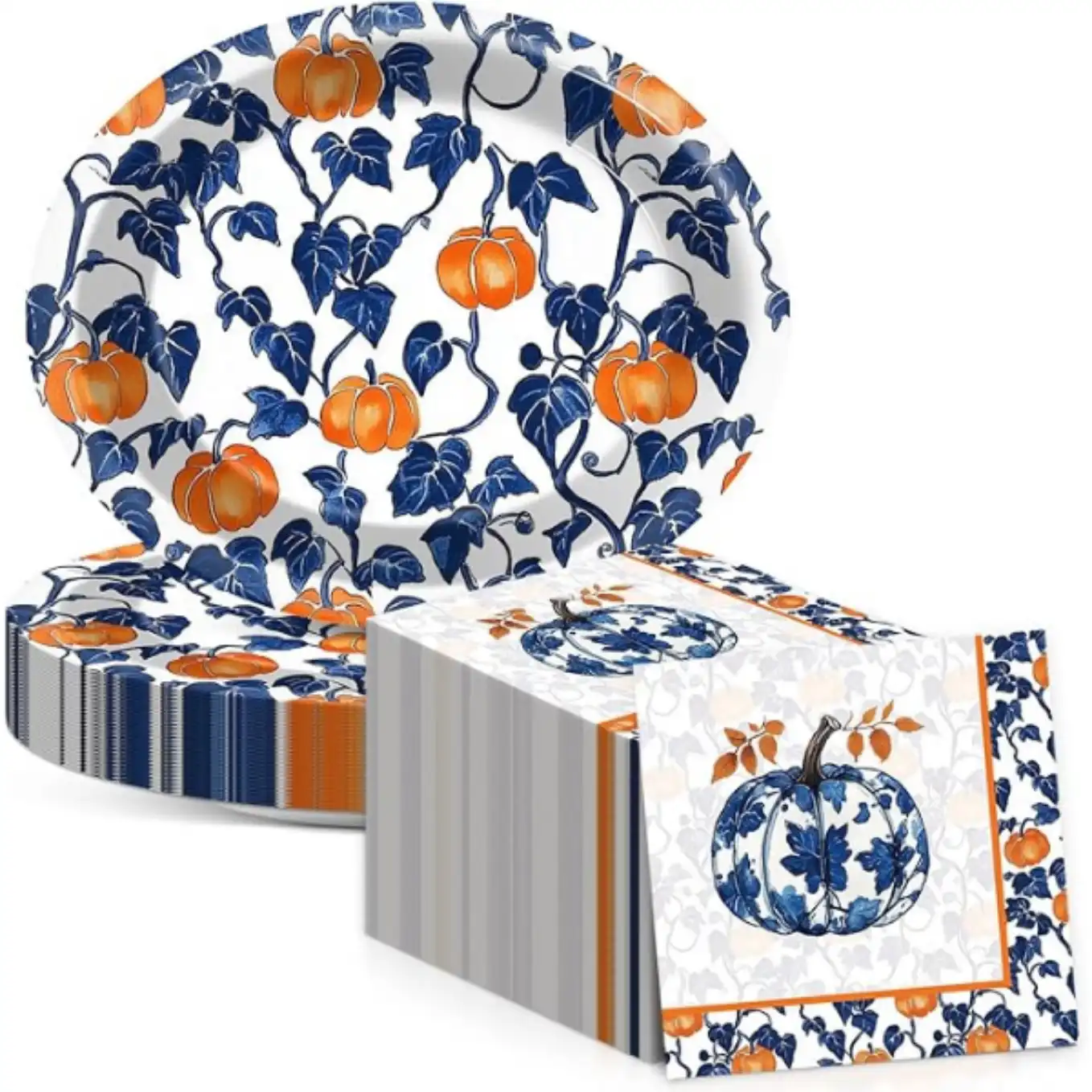 CHUNNIN 50 Pcs Blue Pumpkin Fall Oval Paper Plates and Napkins Thanksgiving Dinnerware Set