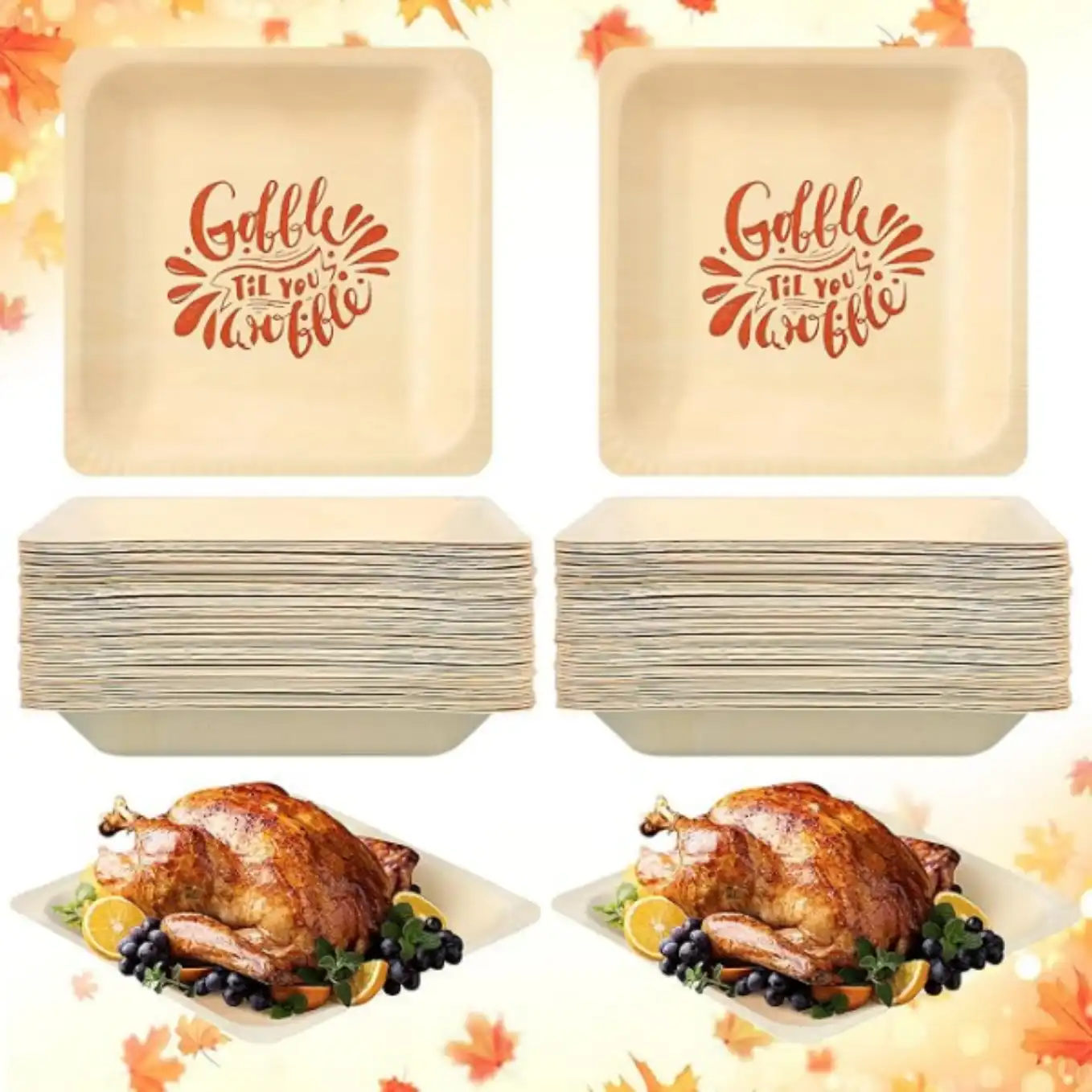 Yaomiao 50 Pcs 7 Inch Fall Wood Thanksgiving Disposable Plates Gobble Til You Wobble