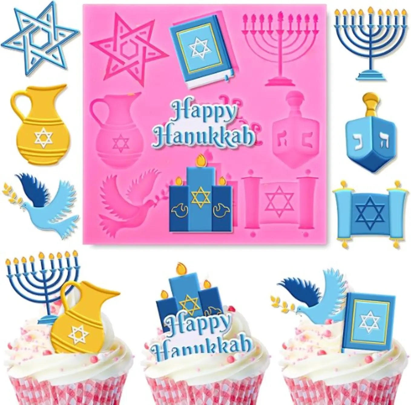 Whaline Hanukkah Fondant Molds, Silicone Star Dreidel Menorah Mold for Baking