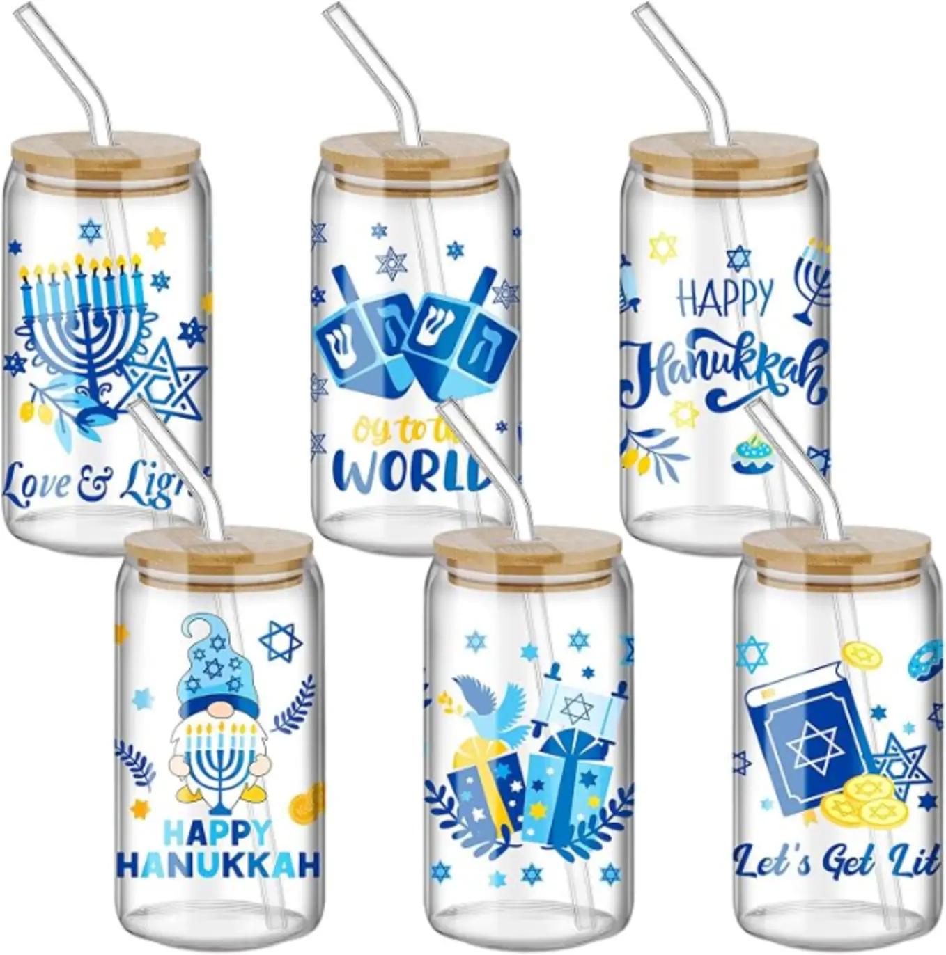 Layhit Happy Hanukkah Drinking Cups, Six Pack Can Shaped Glass Tumblers with Lids
