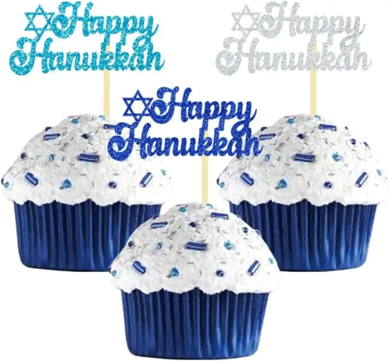 Moitkptt Happy Hanukkah Cupcake Toppers, Star of David Glitter Set of Twenty Four
