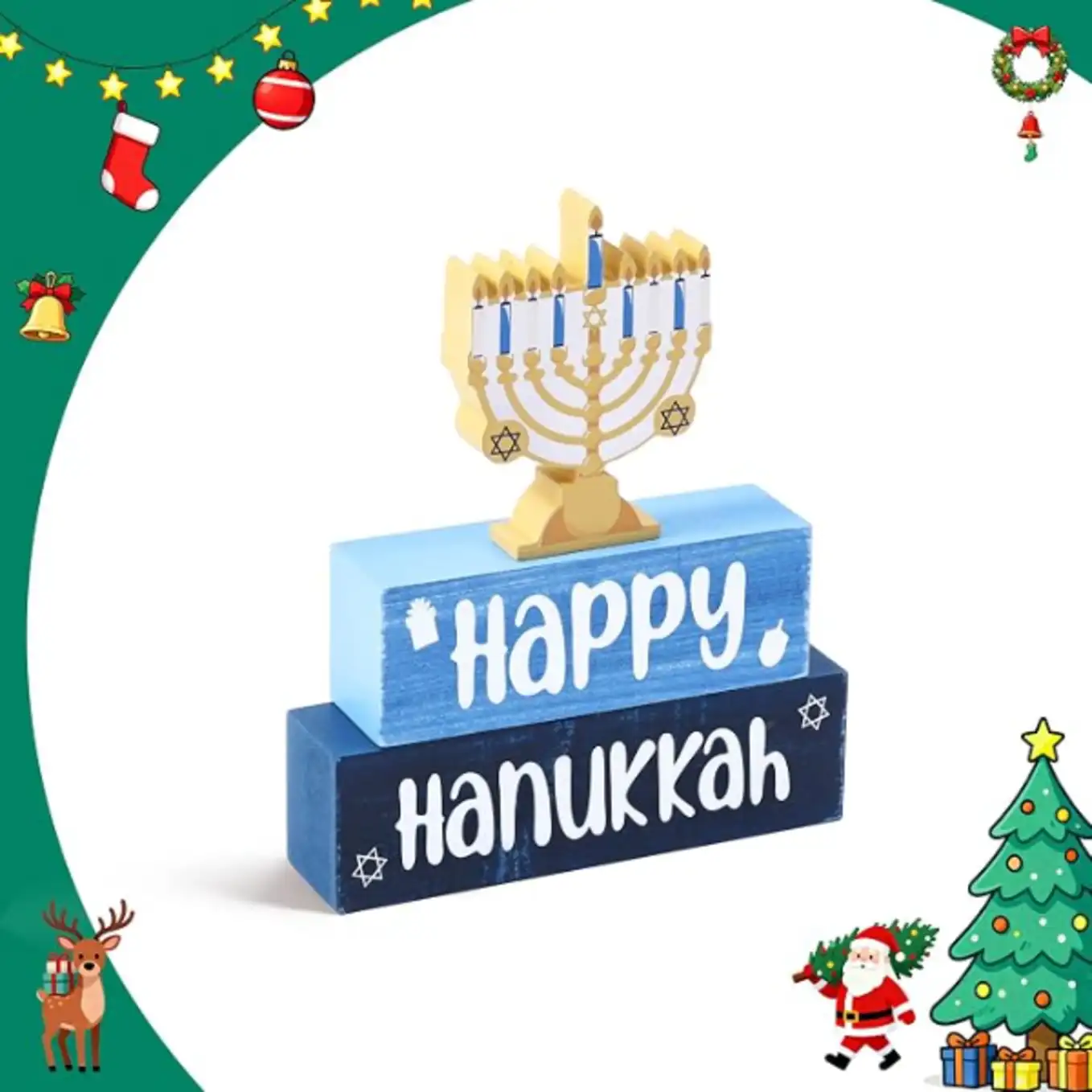 Gleegreets Hanukkah Wooden Tiered Tray Decor, Three Piece Menorah Sign Set