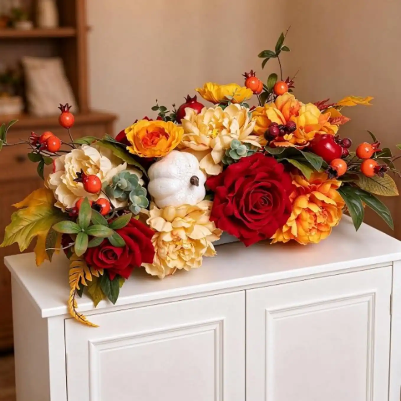 PureCosy Fall Centerpiece for Table Handmade Silk Floral Arrangement with Pumpkins