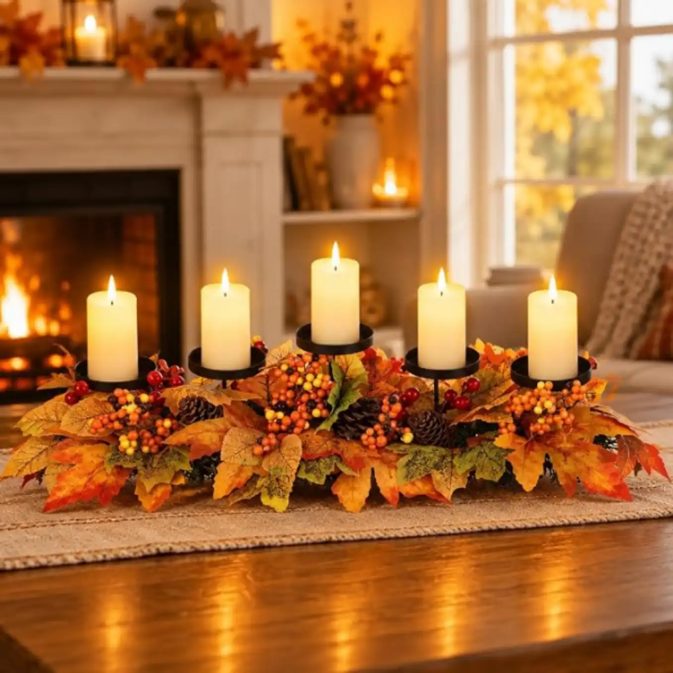 Hushee Fall Centerpieces for Table Decorations with Maple Leaves and Candle Holders