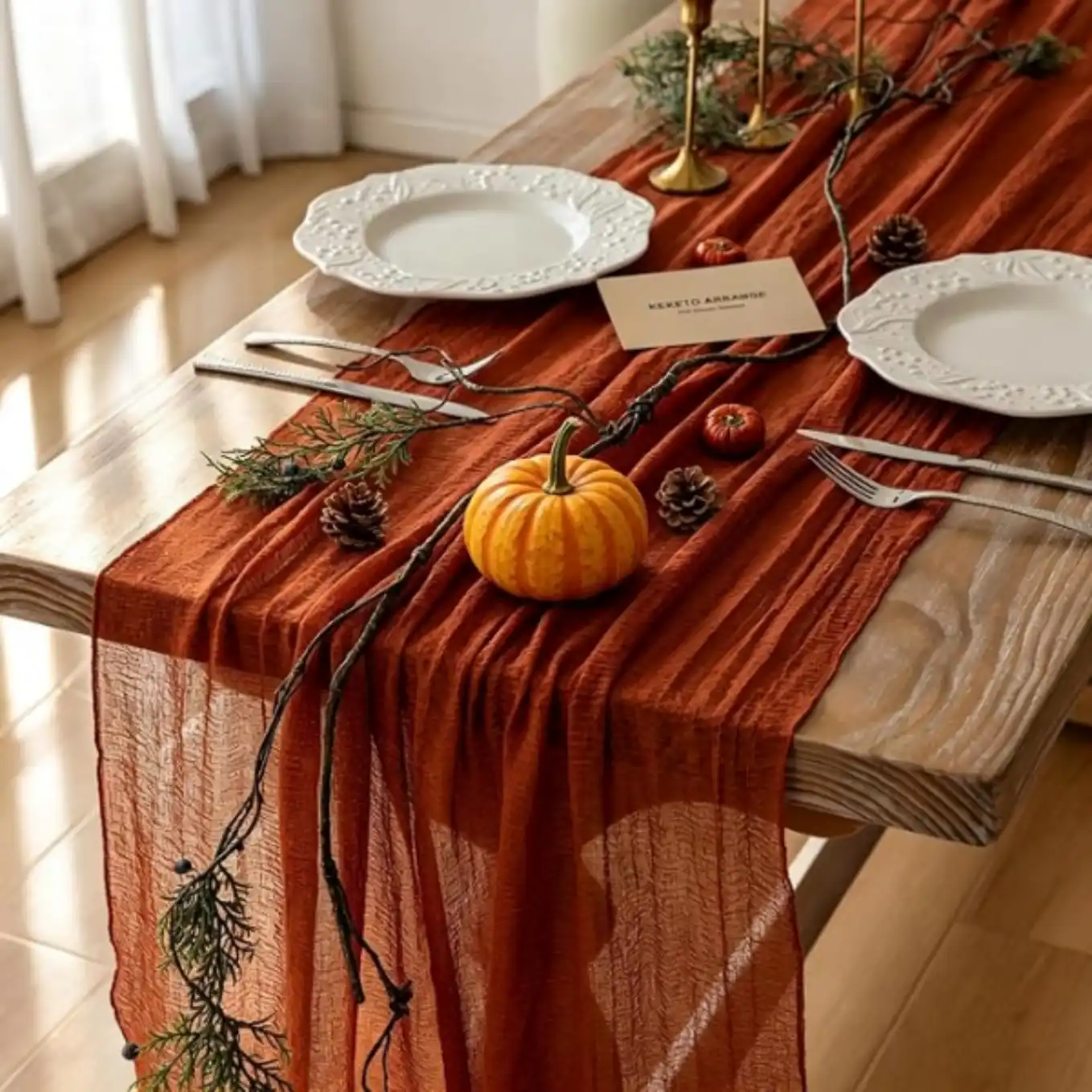 Terracotta Cheesecloth Table Runner for Thanksgiving and Boho Decor