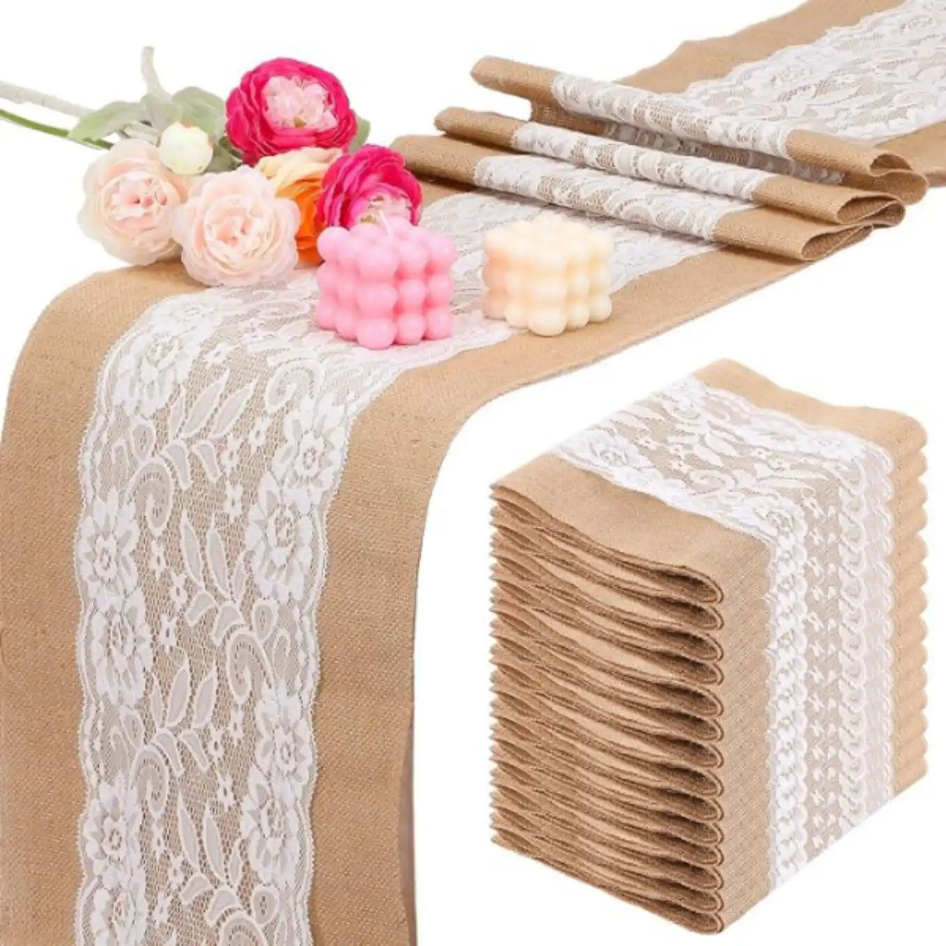HaiFafafaing Burlap Table Runners with Lace for Rustic Farmhouse Decor