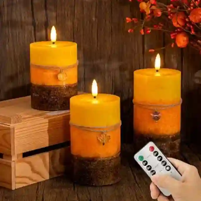 JOIONE Fall Flameless Candles with Remote, Three Pack Layered Orange Real Wax Thanksgiving LED Pillar Decor