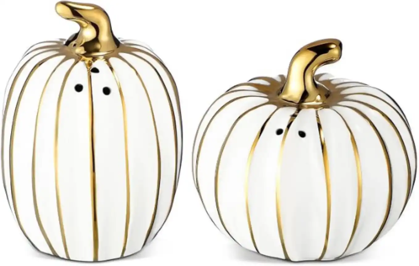 RimCereal Fall Pumpkin Shaped Salt and Pepper Shakers Gold White