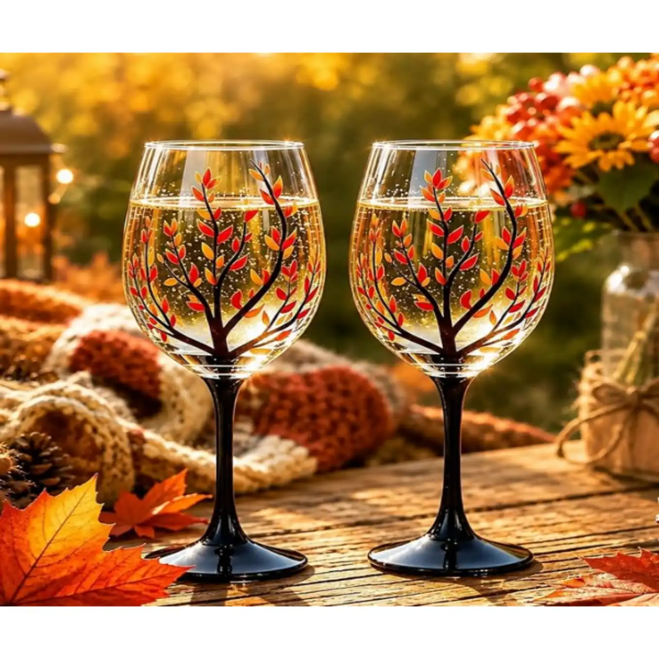 JarThenaAMCS Fall Stemmed Wine Glasses Watercolor Tree