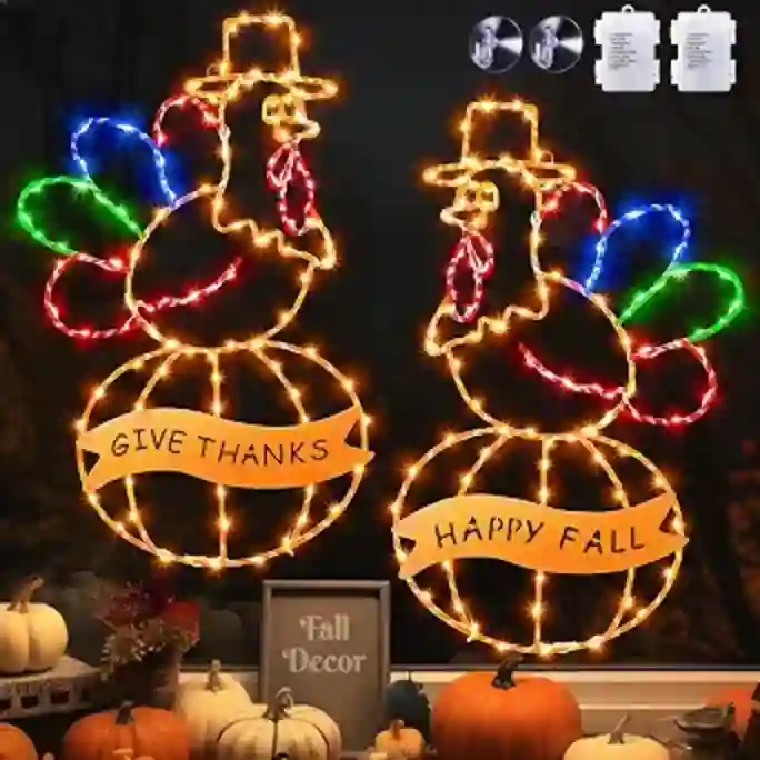 2 Pcs Large Thanksgiving Window Lights Turkey Decorations Battery Operated Timer