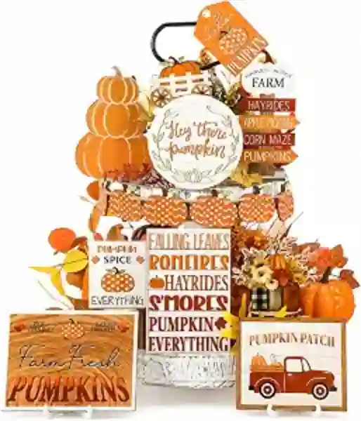 FairySandy Thanksgiving Fall Tiered Tray Decor Set Pumpkin Wood Sign