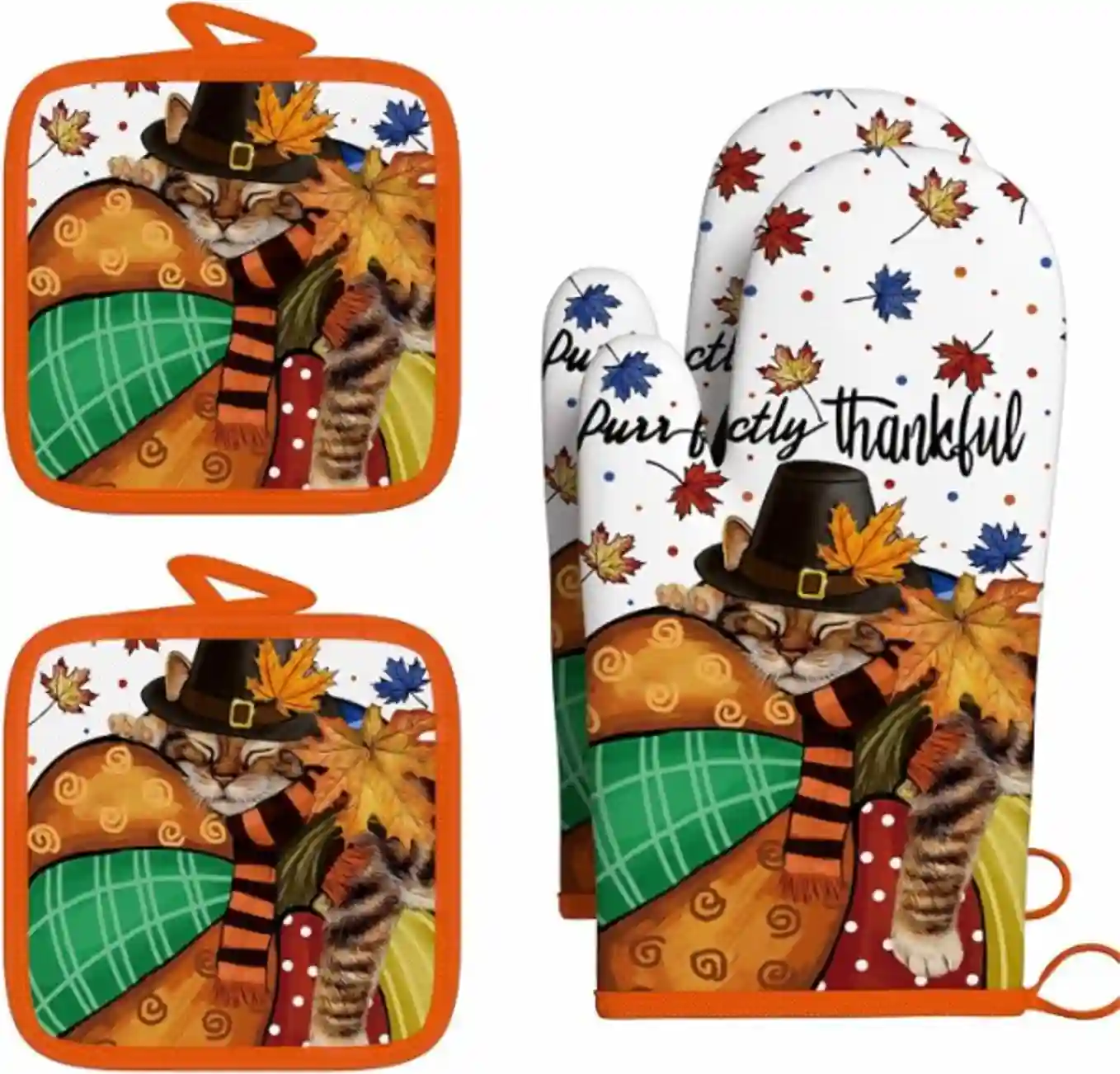 Thanksgiving Cat 4PC Oven Mitts Pot Holders Set Heat Resistant