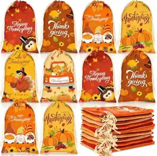 Coume 24 Pcs Thanksgiving Gift Bags with Drawstring 4 x 6 Inch Canvas Fall Party Favor
