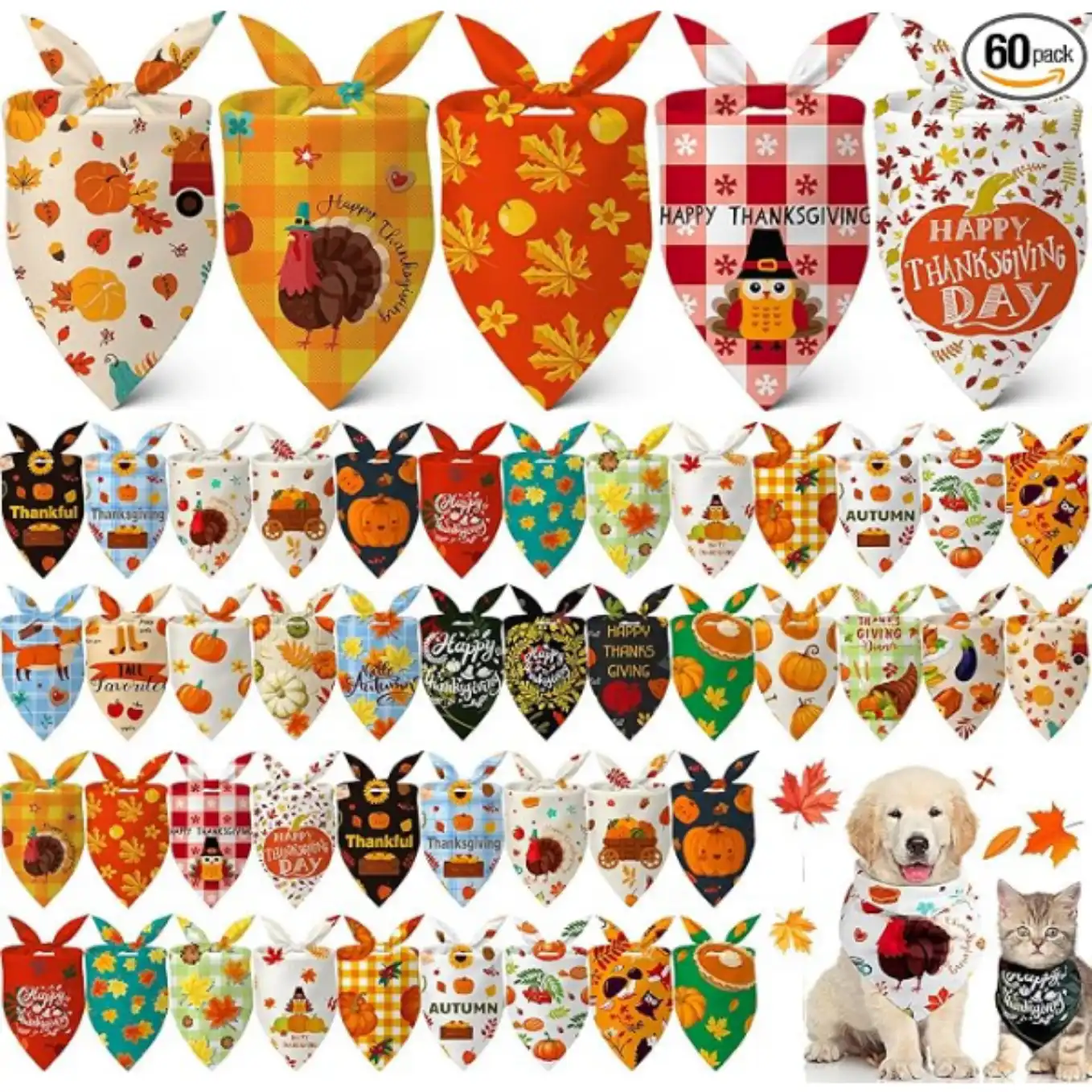 Sanwuta 60 Pcs Fall Dog Bandana Bulk Thanksgiving Pet Scarf