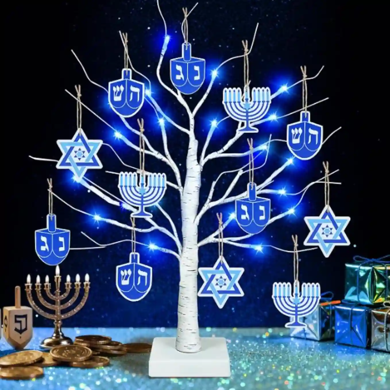 Mosoan 24 Inch Hanukkah Birch Tree with 24 Blue Lights Menorah Dreidel Star Ornaments Timer
