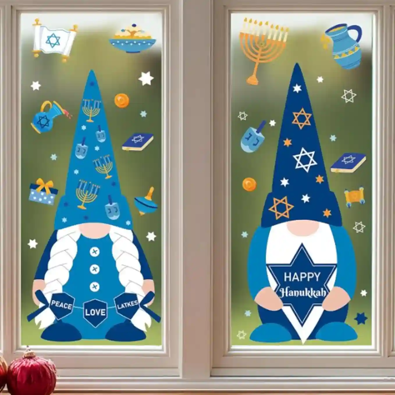 Ctosree 2 Sheets Large Hanukkah Gnome Window Clings Blue Gold Menorah Star Removable Glass Decals