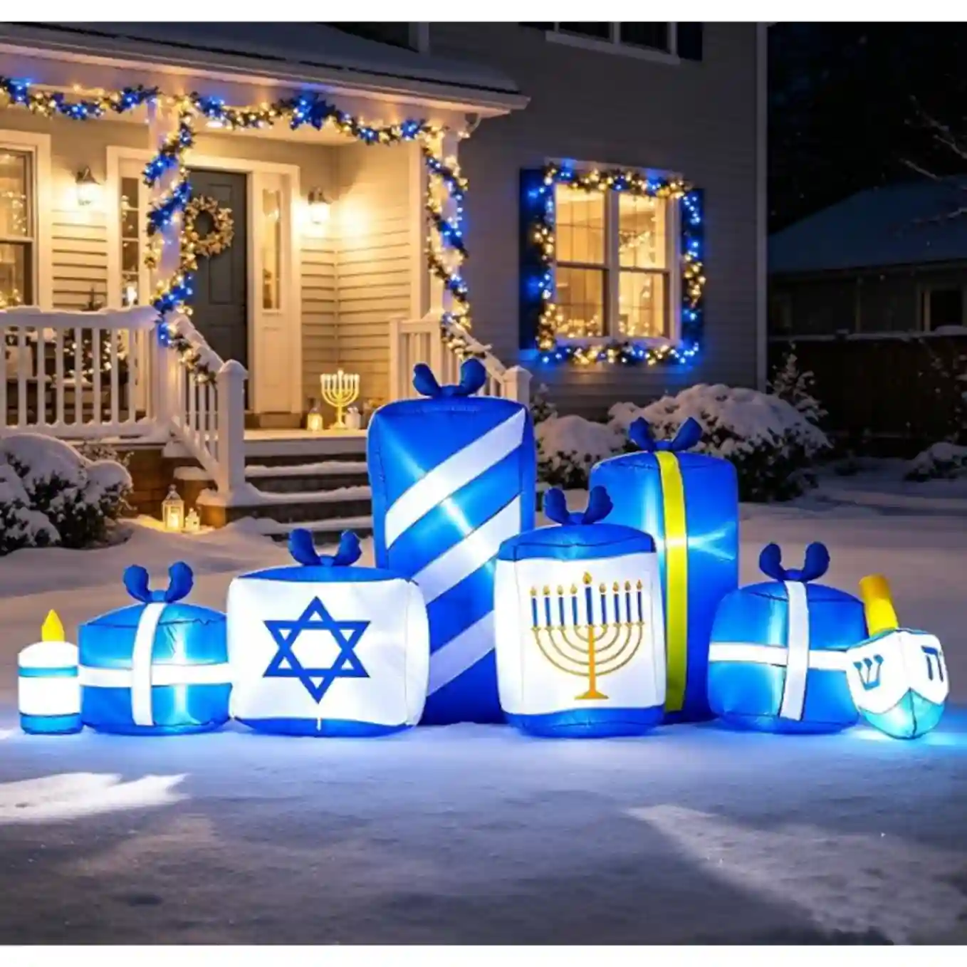 8FT Hanukkah Lighted Gift Box Inflatable Outdoor Decoration with Menorah Dreidel Star of David LED Lights