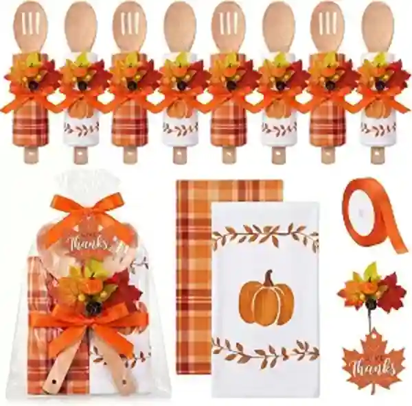 Pinkunn Pumpkin Thanksgiving Kitchen Towels Wooden Spoons Hostess Gifts Set