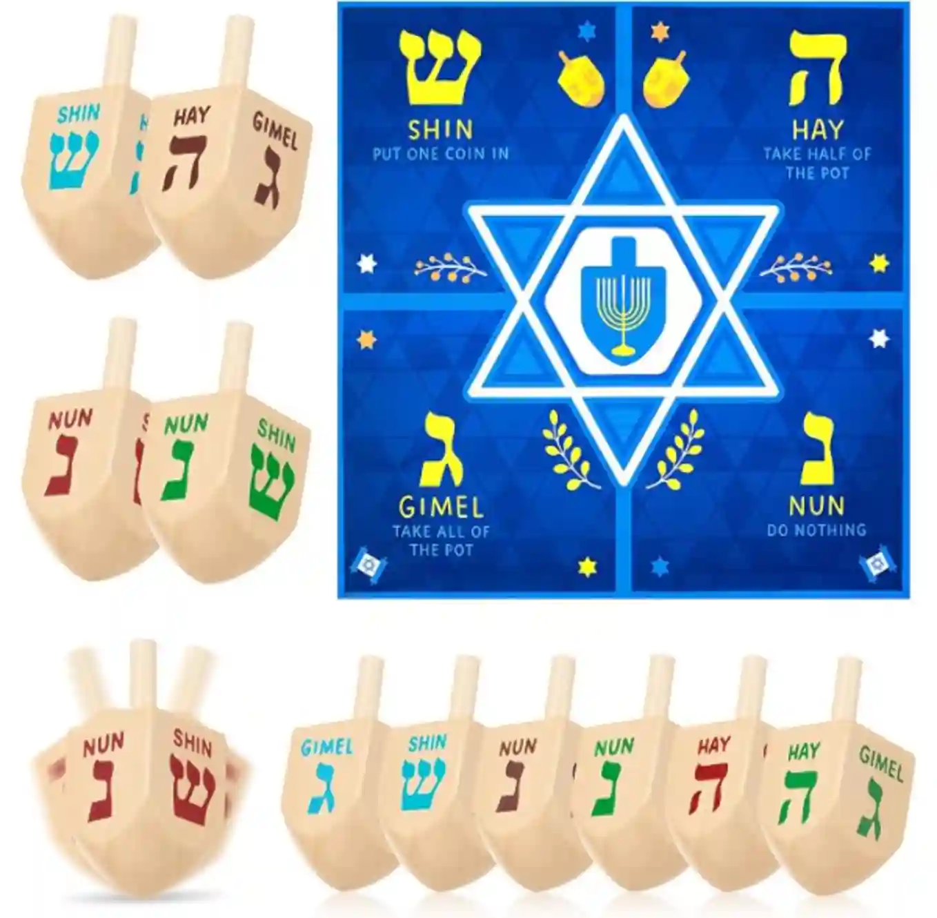 JOYIN 12 PCS Hanukkah Wood Dreidels Set Natural Wooden Dreidels with English Transliteration and Play Map