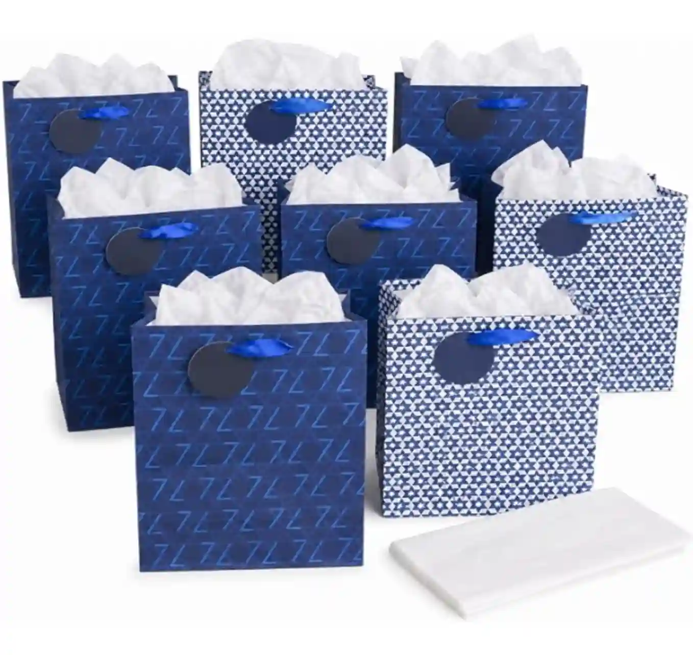 Iconikal Eight Count Medium Hanukkah Gift Bags With Tissue Paper Star Of David Designs Ribbon Handles