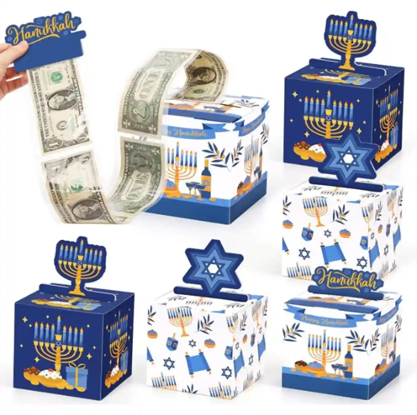 Sinasasspel Six Piece Hanukkah Gift Money Box Set Cash Pull Holders With Toppers Plastic Bags