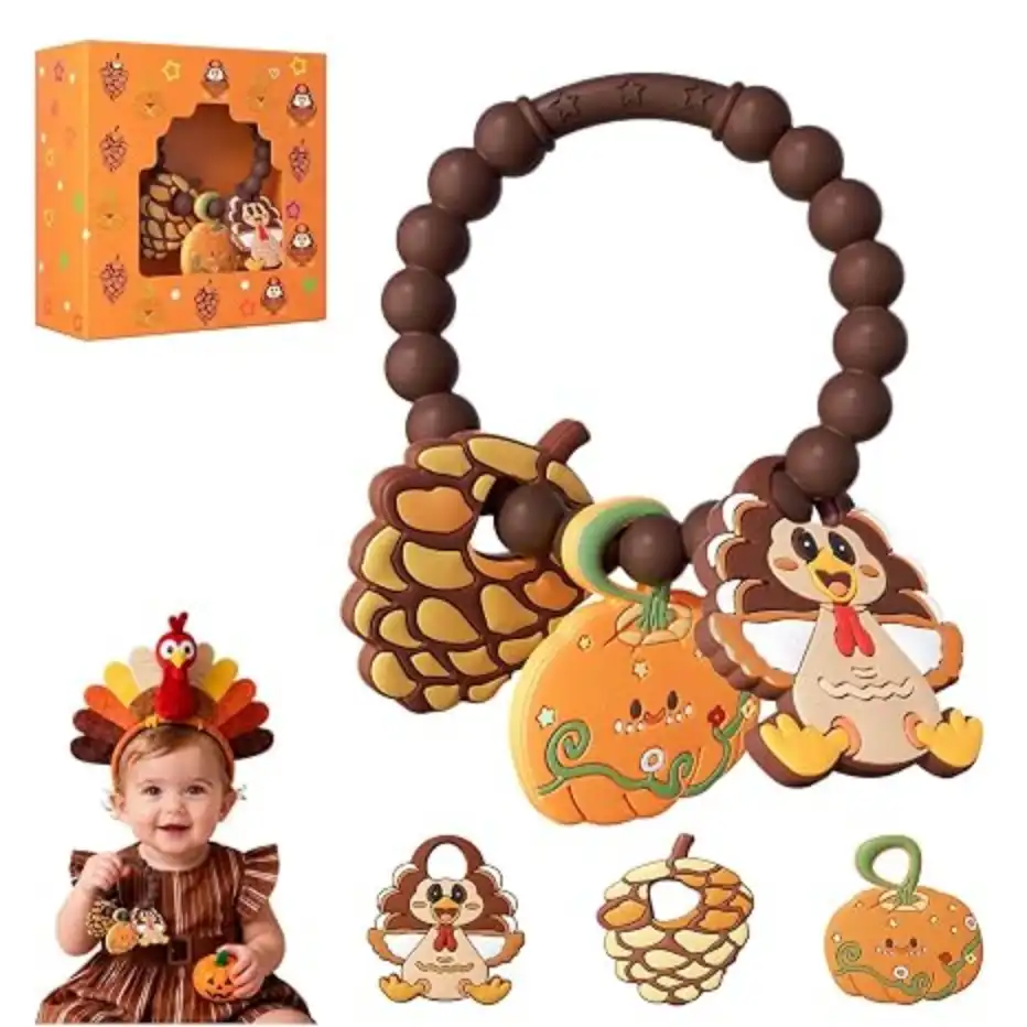 Thanksgiving Baby Teething Toys with Textured Turkey Pumpkin and Pinecone